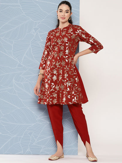 Janasya Women's Brick Red Crepe Foil Printed A-line Festive Tunic Set - Distacart