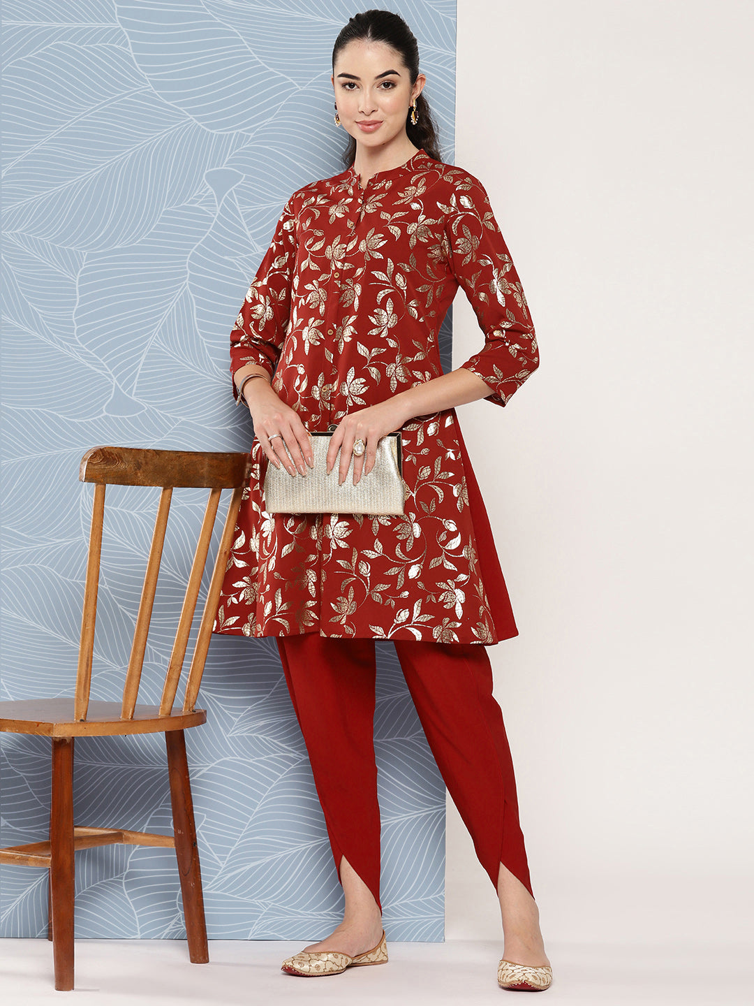 Janasya Women's Brick Red Crepe Foil Printed A-line Festive Tunic Set - Distacart