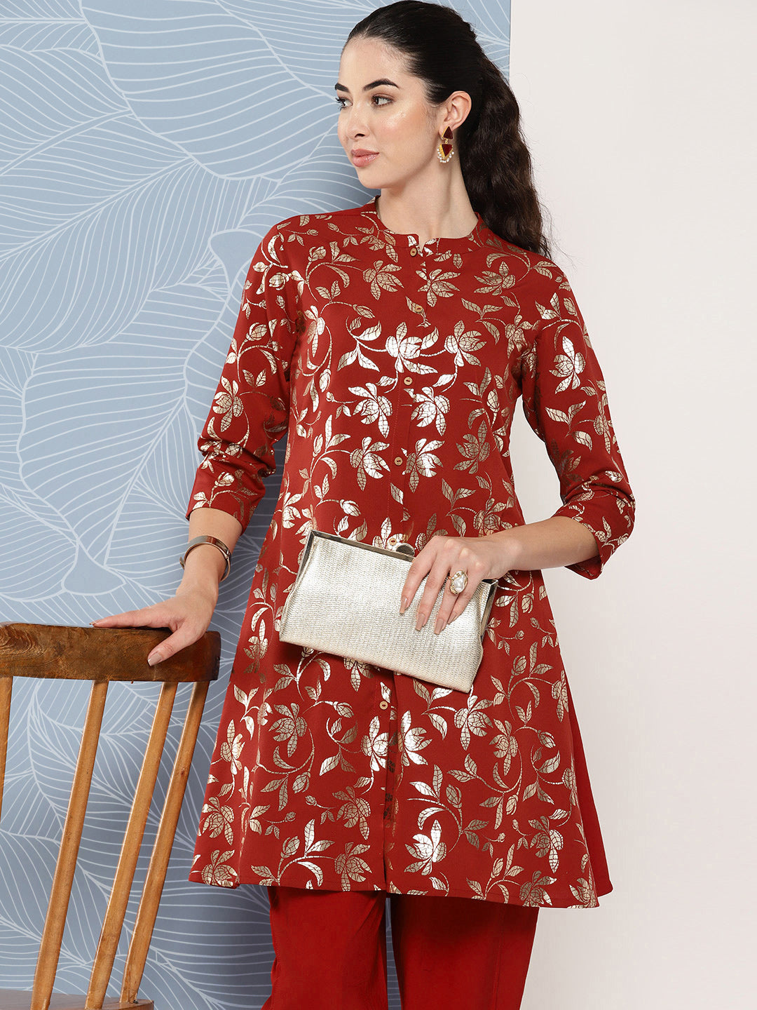 Janasya Women's Brick Red Crepe Foil Printed A-line Festive Tunic Set - Distacart