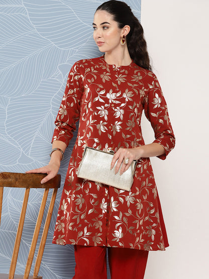 Janasya Women's Brick Red Crepe Foil Printed A-line Festive Tunic Set - Distacart