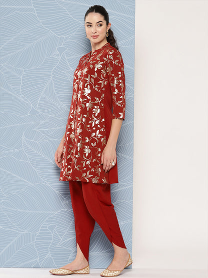 Janasya Women's Brick Red Crepe Foil Printed A-line Festive Tunic Set - Distacart