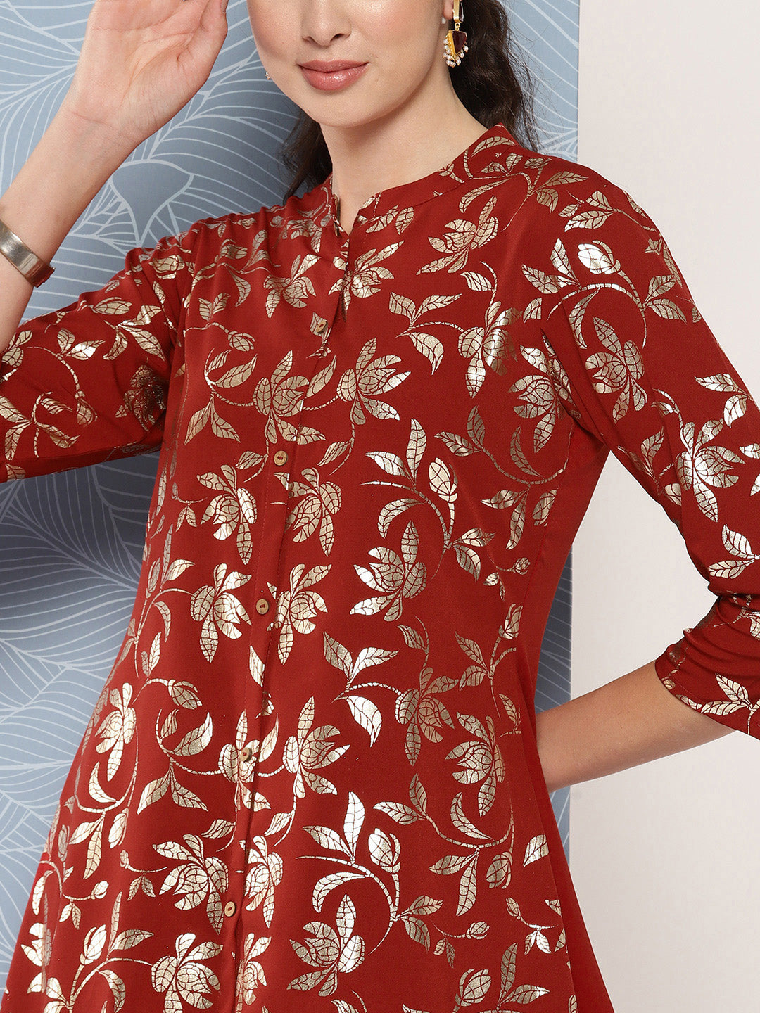 Janasya Women's Brick Red Crepe Foil Printed A-line Festive Tunic Set - Distacart