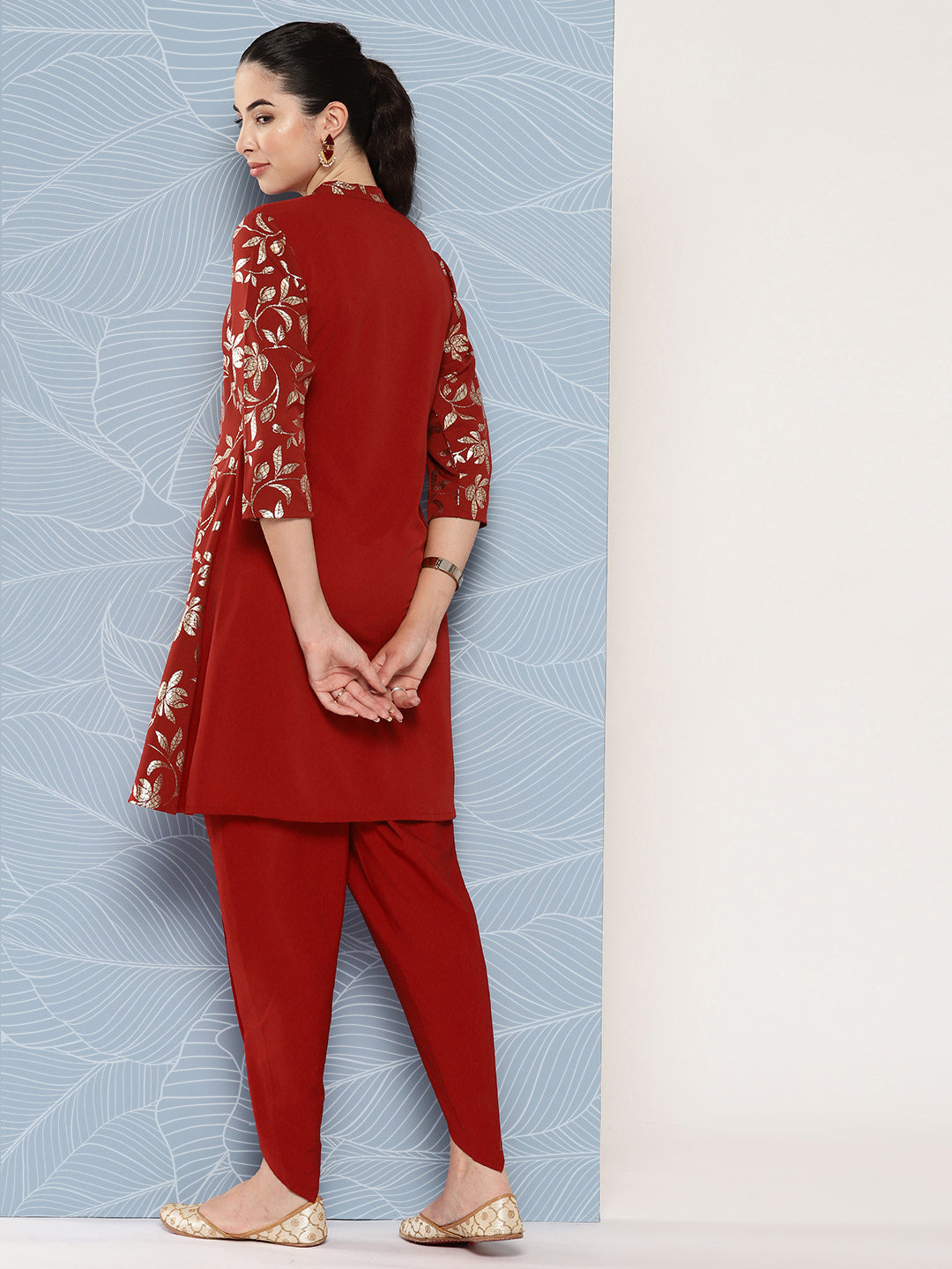 Janasya Women's Brick Red Crepe Foil Printed A-line Festive Tunic Set - Distacart