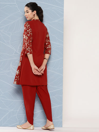 Janasya Women's Brick Red Crepe Foil Printed A-line Festive Tunic Set - Distacart