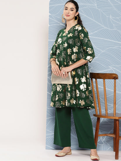 Janasya Women's Bottle Green Crepe Foil Printed A-line Festive Short Kurta Set - Distacart