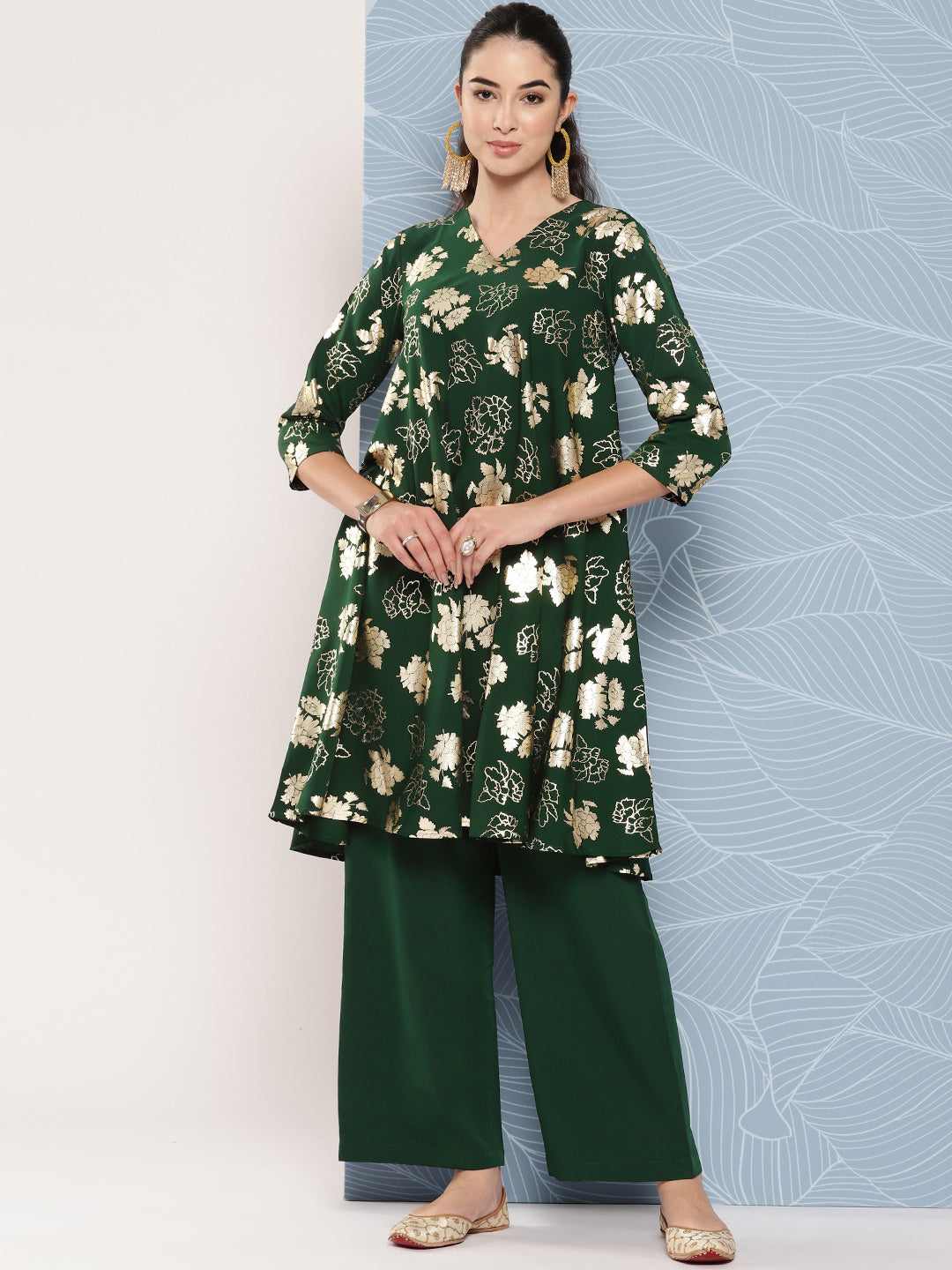 Janasya Women's Bottle Green Crepe Foil Printed A-line Festive Short Kurta Set - Distacart
