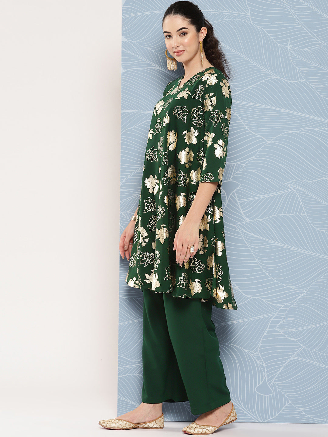 Janasya Women's Bottle Green Crepe Foil Printed A-line Festive Short Kurta Set - Distacart