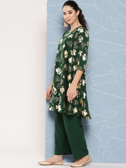 Janasya Women's Bottle Green Crepe Foil Printed A-line Festive Short Kurta Set - Distacart