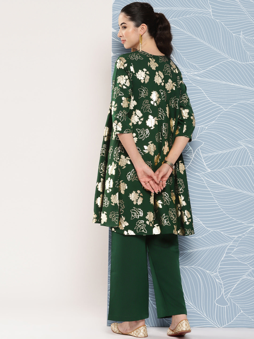 Janasya Women's Bottle Green Crepe Foil Printed A-line Festive Short Kurta Set - Distacart