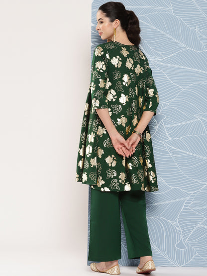 Janasya Women's Bottle Green Crepe Foil Printed A-line Festive Short Kurta Set - Distacart