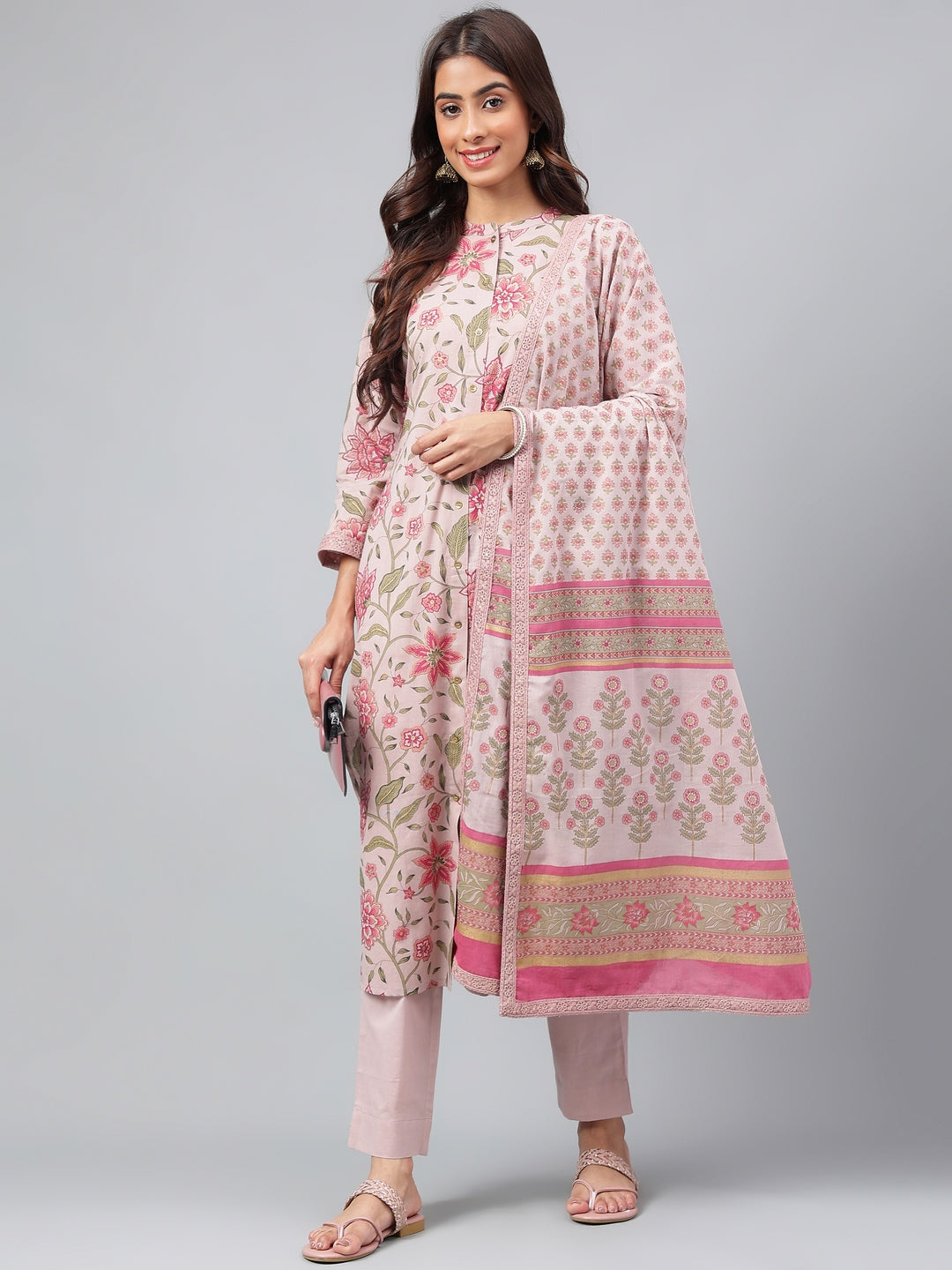 Janasya Women's Mauve Cotton Floral Printed Straight Festive Kurta Set - Distacart