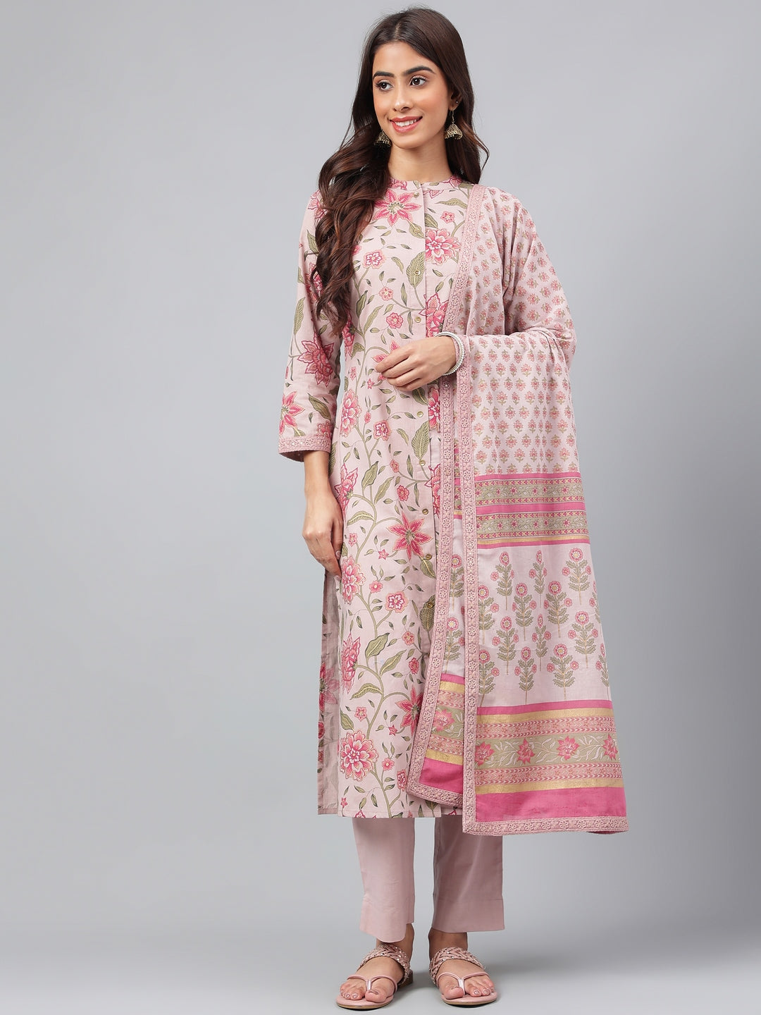 Janasya Women's Mauve Cotton Floral Printed Straight Festive Kurta Set - Distacart