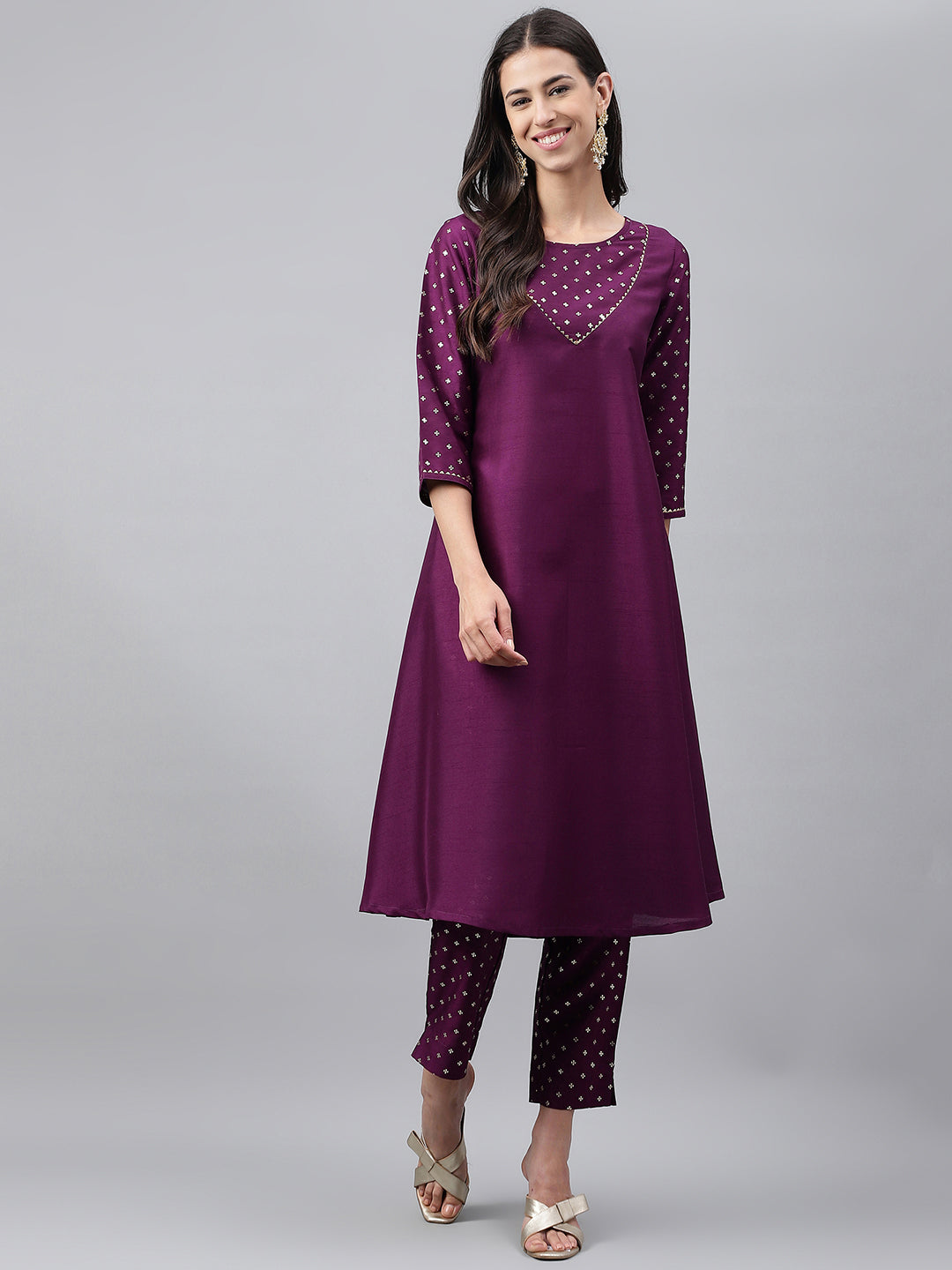 Janasya Women's Purple Crepe Silk Solid A-line Festive Kurta Set - Distacart