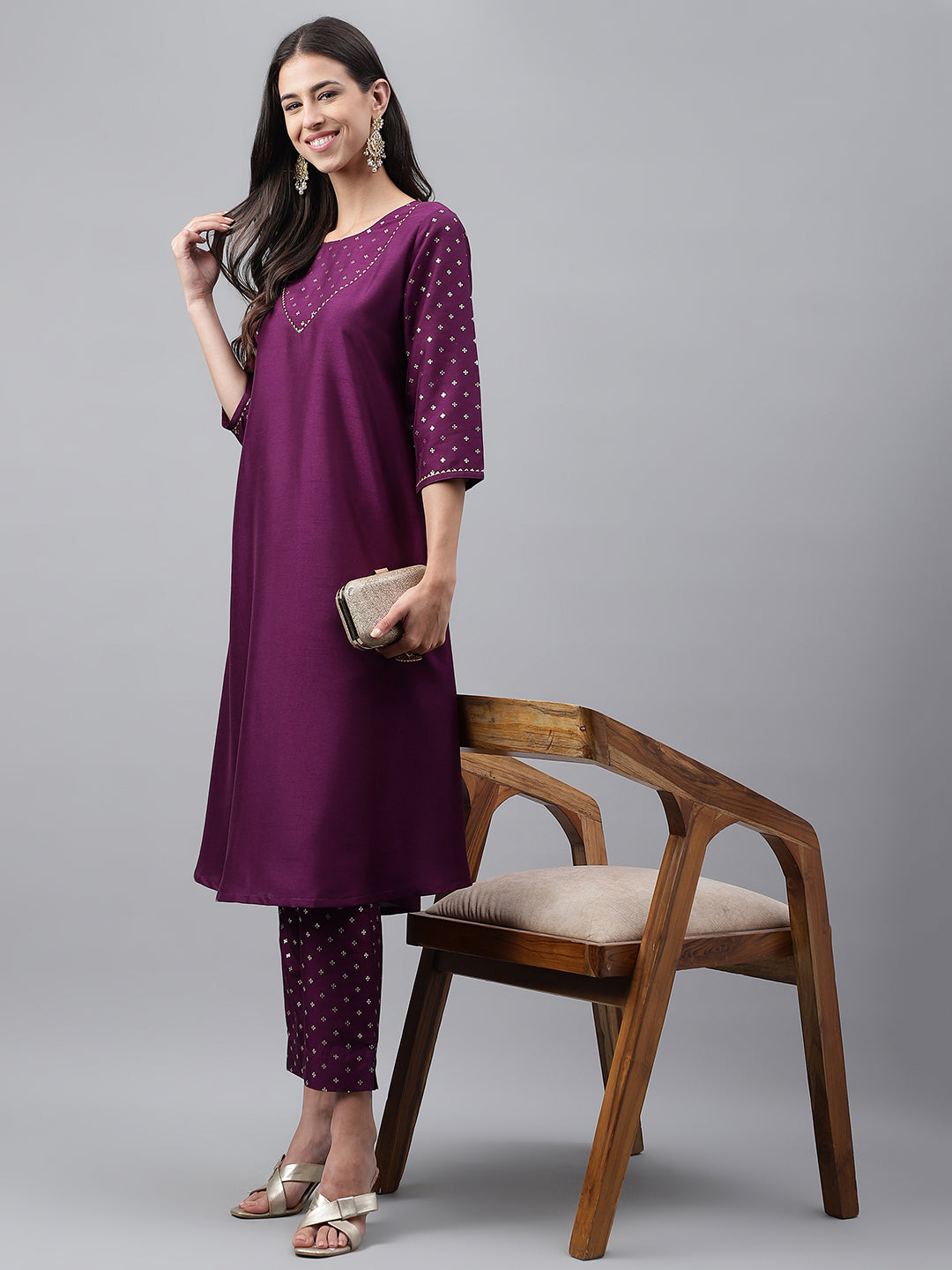 Janasya Women's Purple Crepe Silk Solid A-line Festive Kurta Set - Distacart