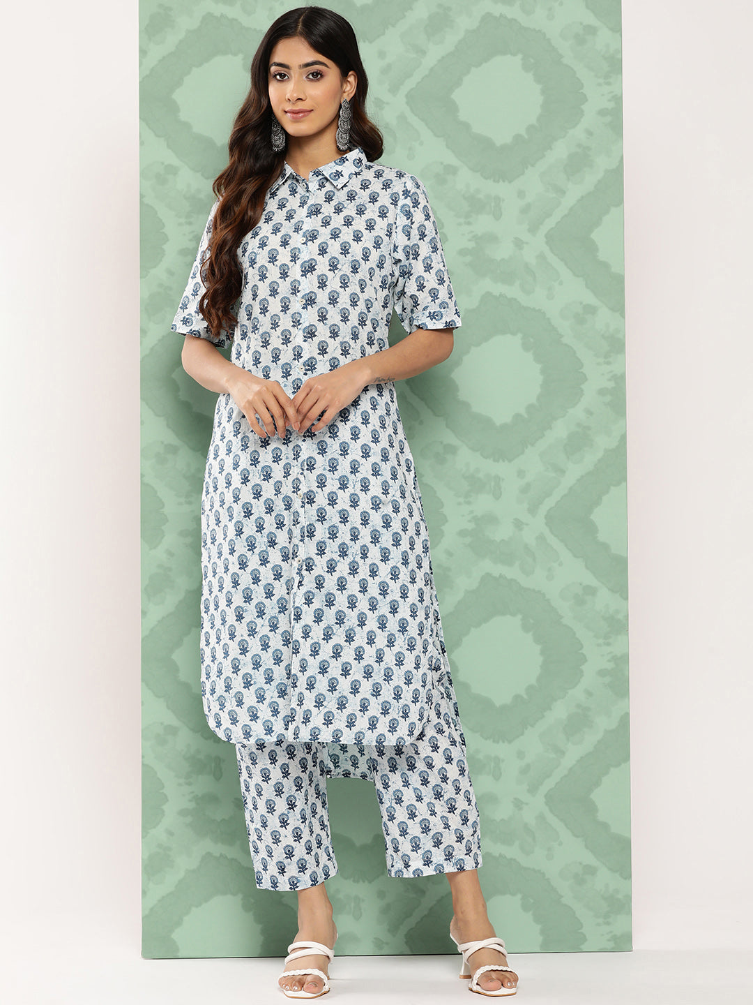 Janasya Women's White Cotton Floral Printed High Low Casual Kurta Set - Distacart