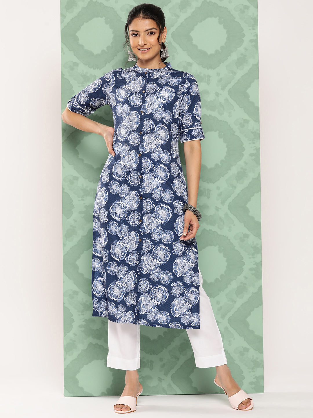 Janasya Women's Blue Crepe Digital Printed Straight Festive Kurta Set - Distacart