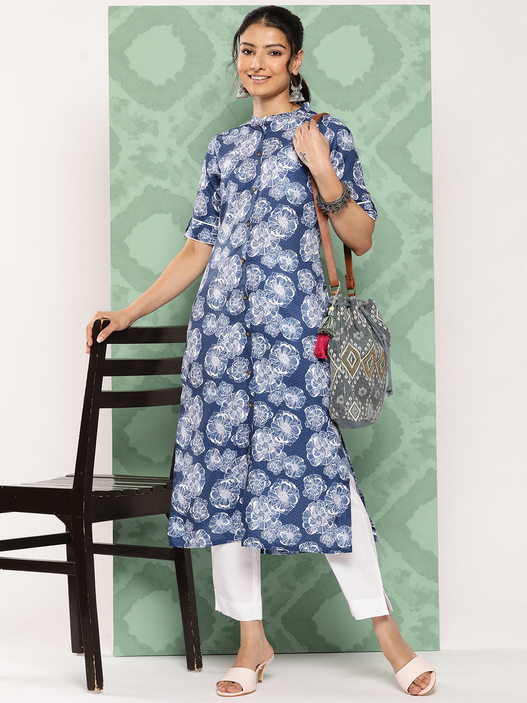 Janasya Women's Blue Crepe Digital Printed Straight Festive Kurta Set - Distacart