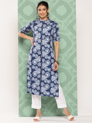 Janasya Women's Blue Crepe Digital Printed Straight Festive Kurta Set - Distacart