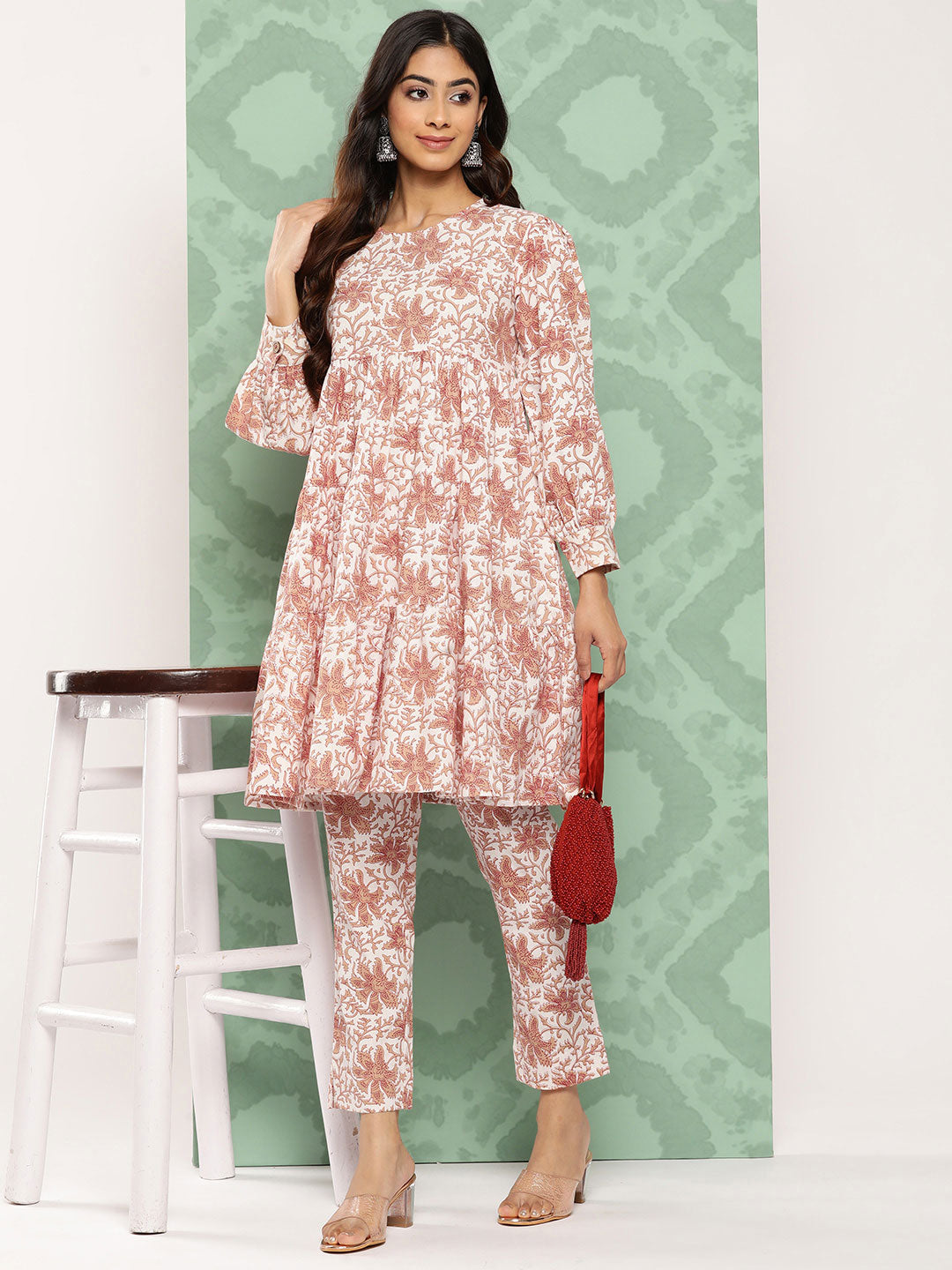 Janasya Women's White Cotton Botanical Printed Tiered Casual Kurta Set - Distacart