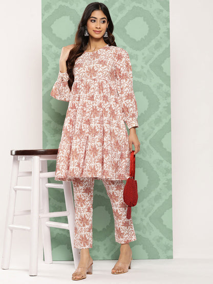 Janasya Women's White Cotton Botanical Printed Tiered Casual Kurta Set - Distacart