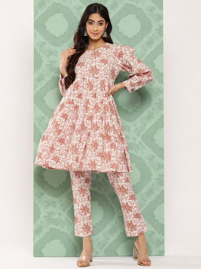 Janasya Women's White Cotton Botanical Printed Tiered Casual Kurta Set - Distacart