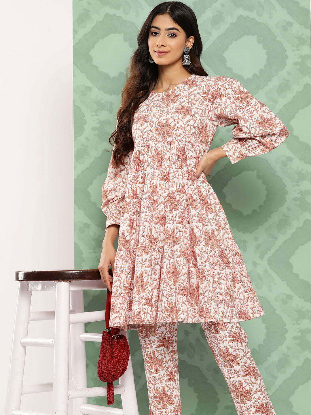 Janasya Women's White Cotton Botanical Printed Tiered Casual Kurta Set - Distacart
