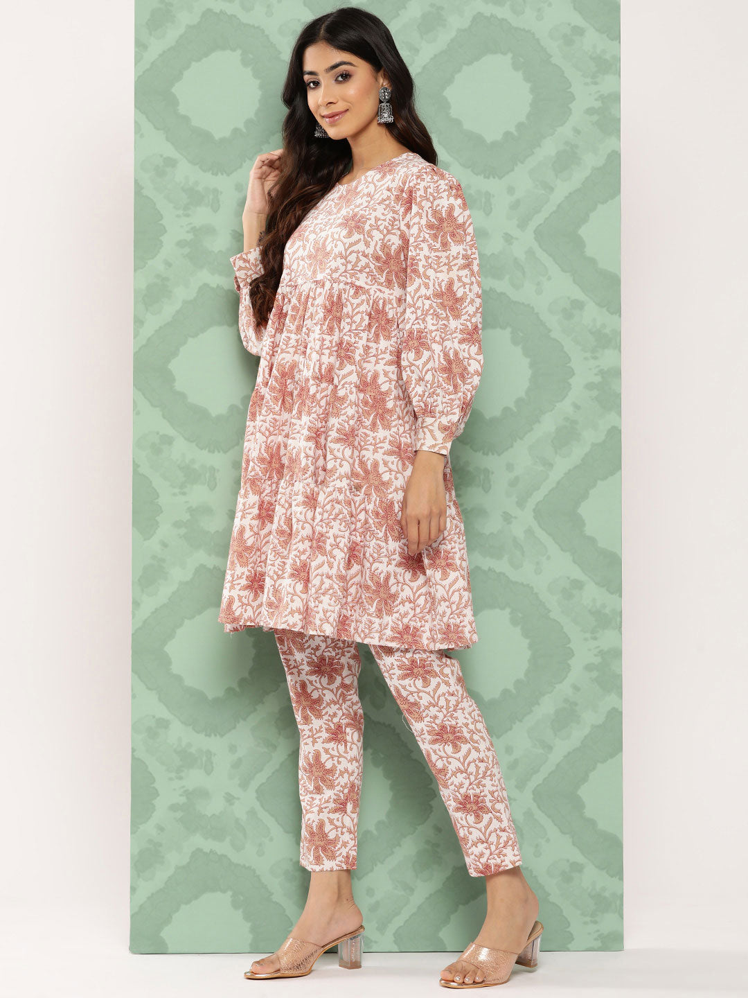 Janasya Women's White Cotton Botanical Printed Tiered Casual Kurta Set - Distacart