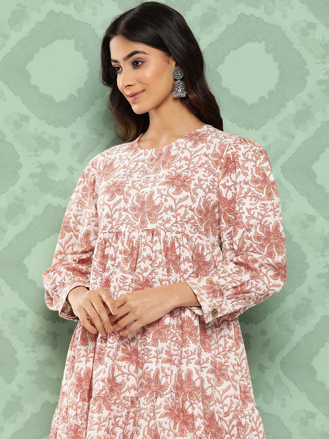 Janasya Women's White Cotton Botanical Printed Tiered Casual Kurta Set - Distacart