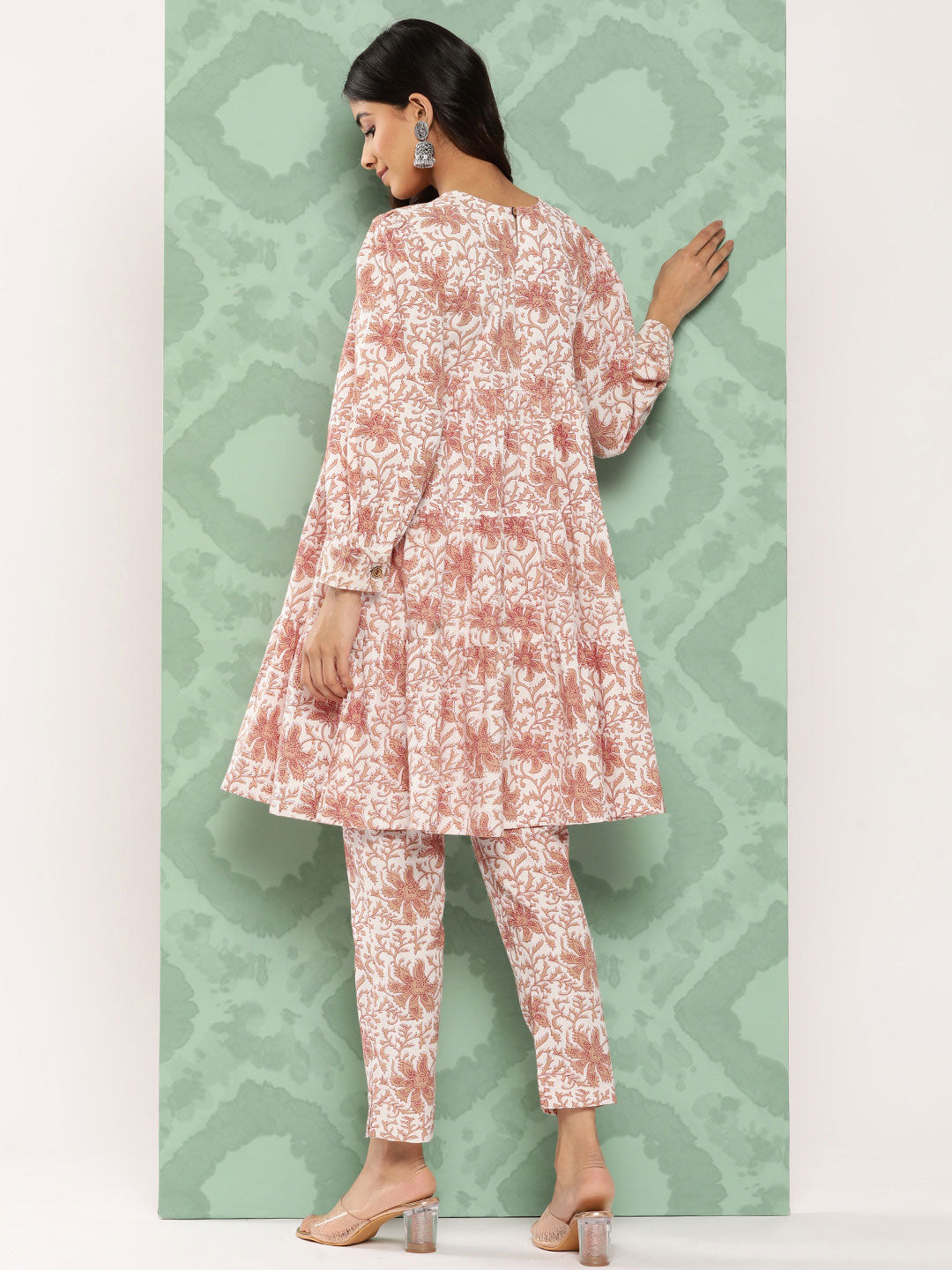 Janasya Women's White Cotton Botanical Printed Tiered Casual Kurta Set - Distacart