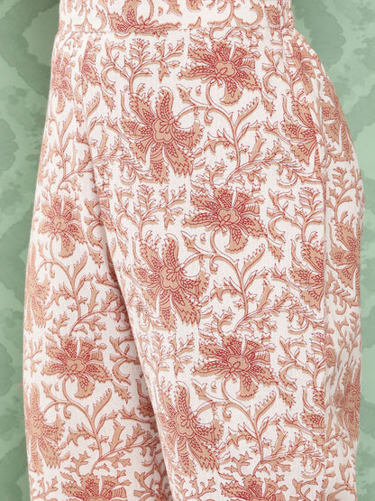 Janasya Women's White Cotton Botanical Printed Tiered Casual Kurta Set - Distacart