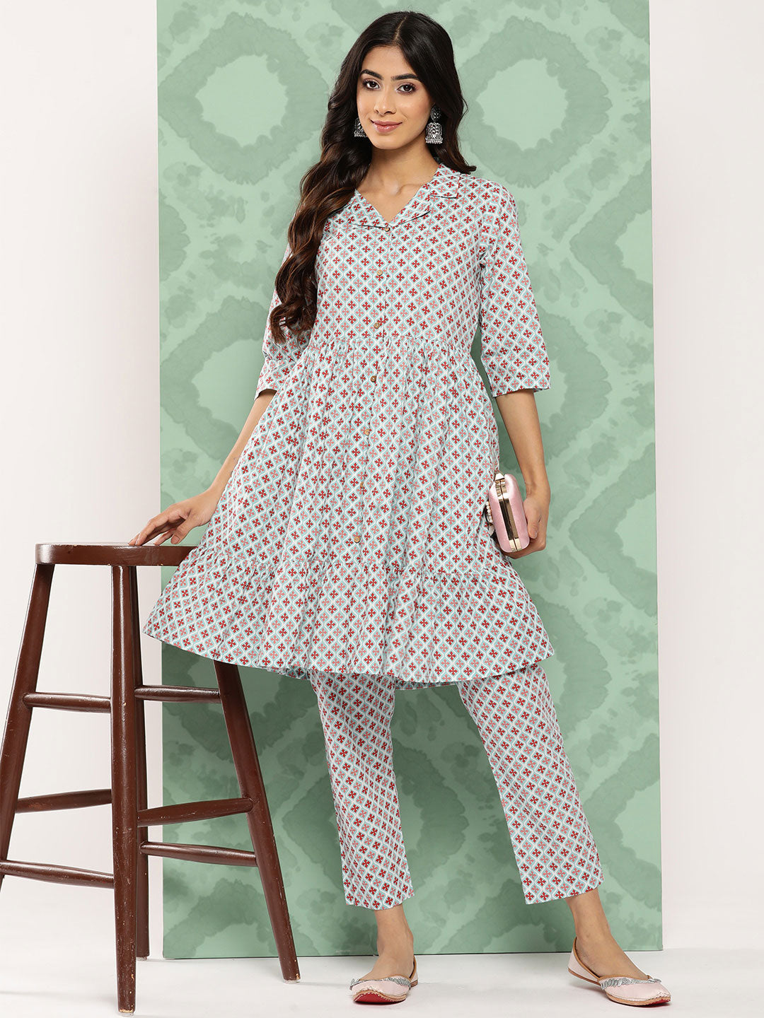 Janasya Women's Sky Blue Cotton Ethnic Motifs Gathered Casual Kurta Set - Distacart