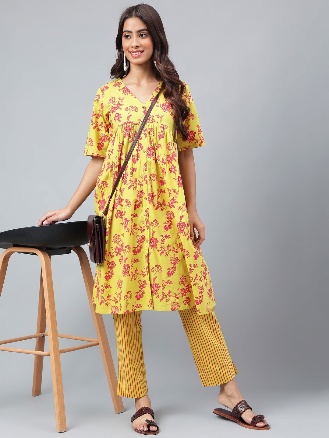 Janasya Women's Yellow Cotton Floral Printed Gathered Casual Kurta Set - Distacart