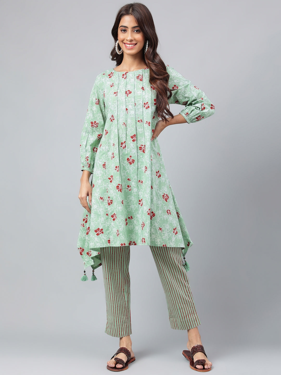 Janasya Women's Green Cotton Floral Printed Handkerchief Casual Kurta Set - Distacart