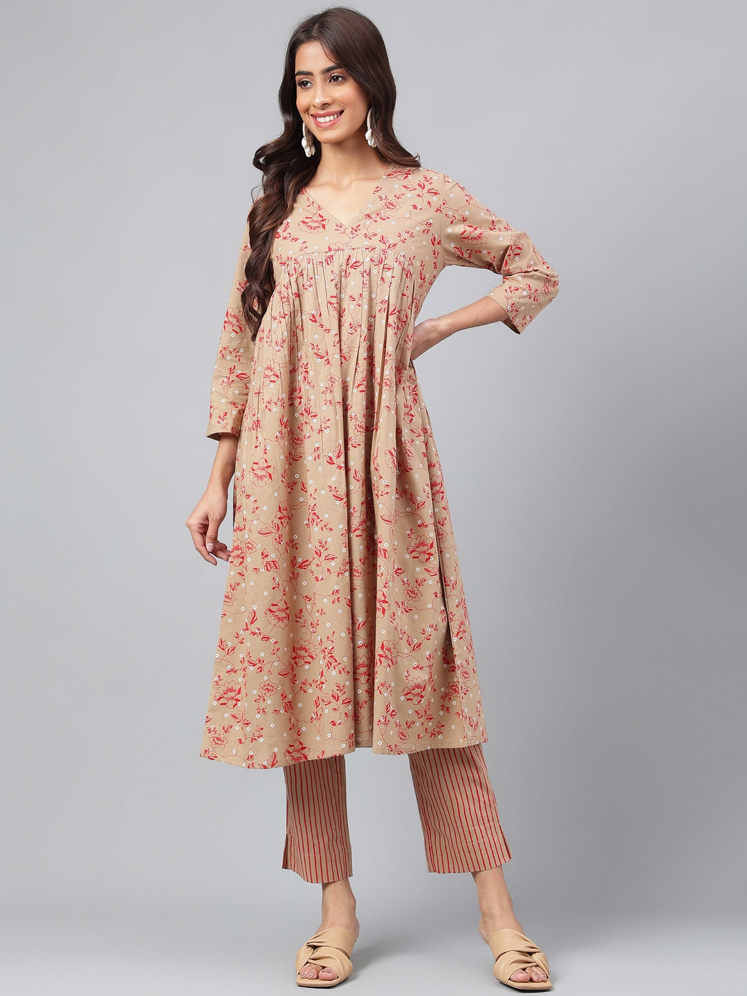 Janasya Women's Brown Cotton Floral Printed Gathered Casual Kurta Set - Distacart