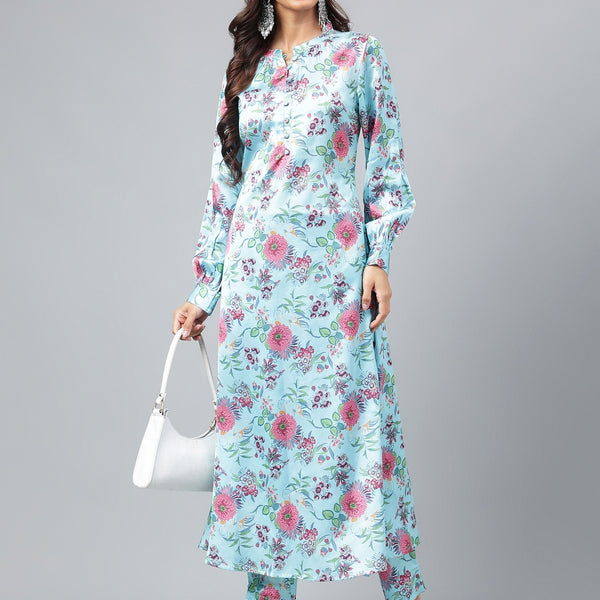 Janasya Women's Aqua Blue Satin Digital Floral Printed Straight Party kurta Set - Distacart