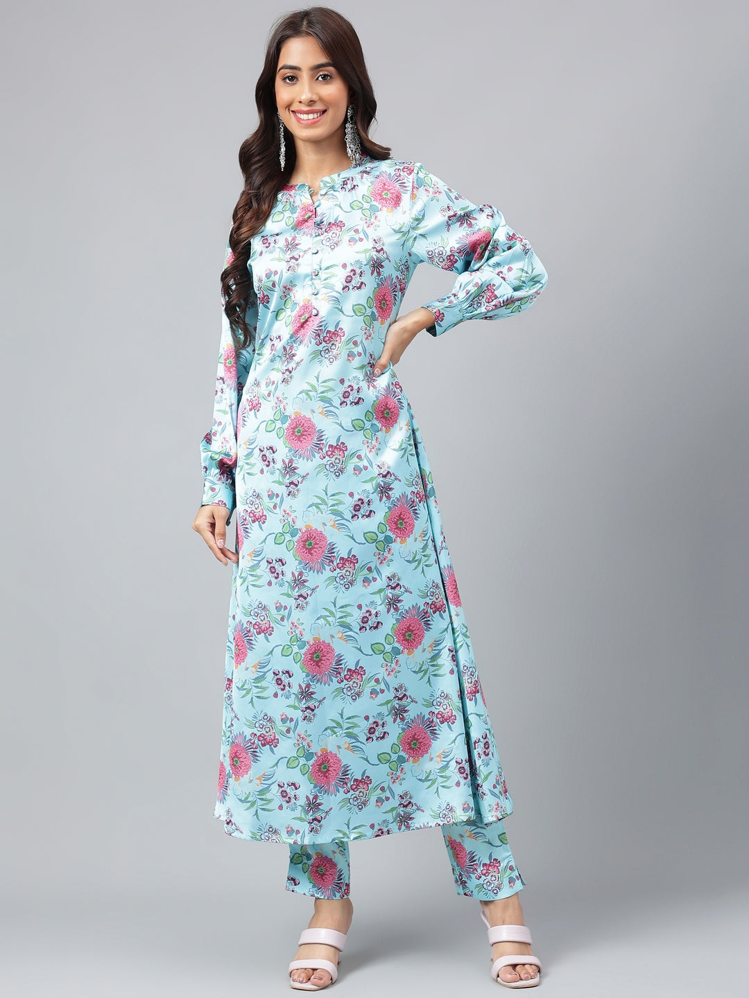 Janasya Women's Aqua Blue Satin Digital Floral Printed Straight Party kurta Set - Distacart