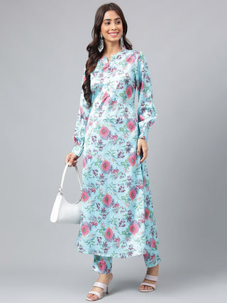 Janasya Women's Aqua Blue Satin Digital Floral Printed Straight Party kurta Set - Distacart