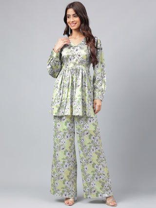 Janasya Women's Sage Green Satin Digital Floral Printed Flared Party Top Set - Distacart