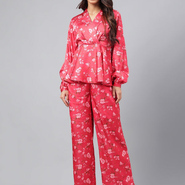 Janasya Women's Red Satin Digital Floral Printed Peplum Party Top Set - Distacart