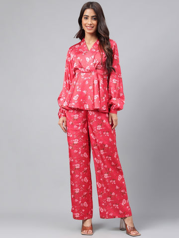 Janasya Women's Red Satin Digital Floral Printed Peplum Party Top Set - Distacart