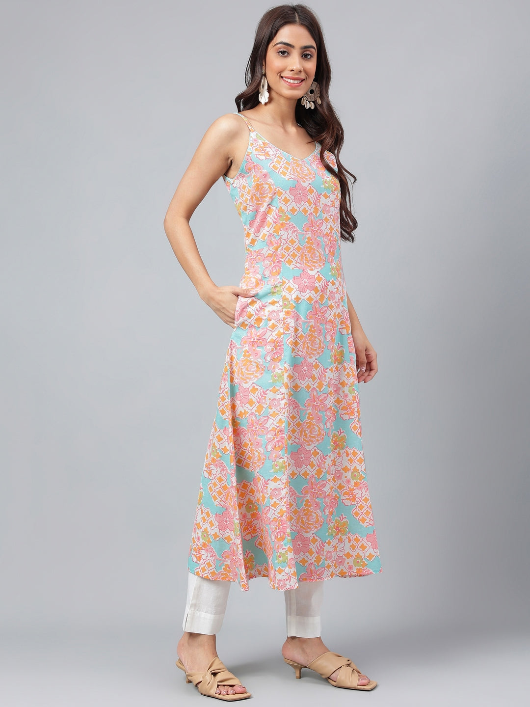 Janasya Women's Multicolor Cotton Floral Printed A-line Party Kurta Set - Distacart