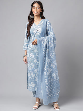 Janasya Women's Light Blue Cotton Floral Printed Straight Casual Kurta Set - Distacart