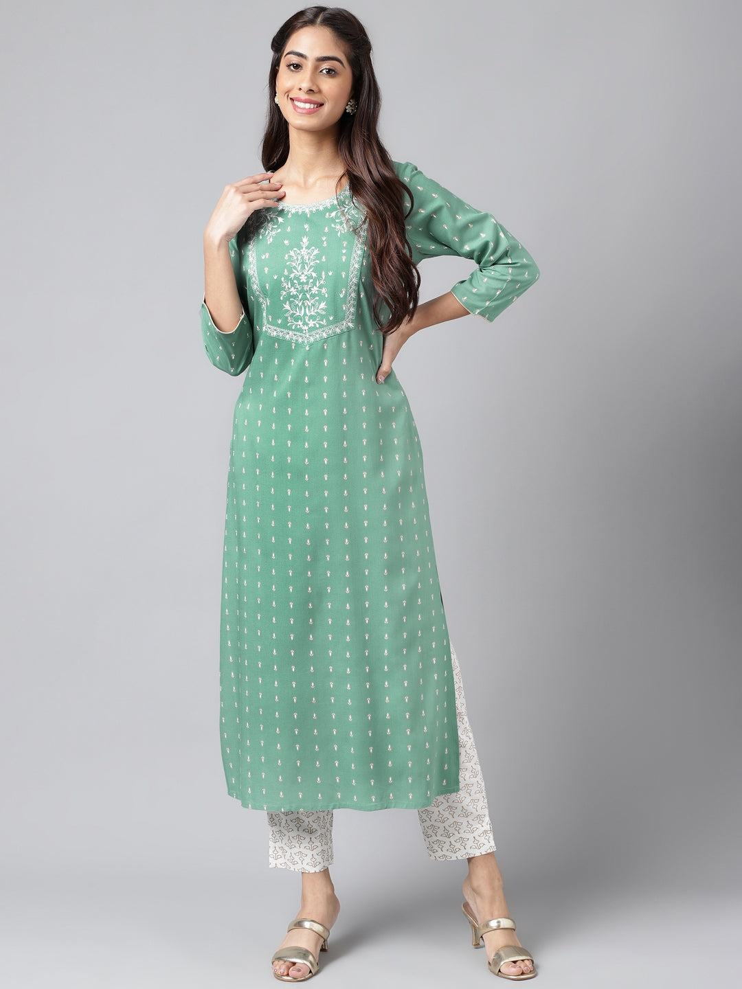 Janasya Women's Green Rayon Yoke Embroidered Straight Casual Kurta Set - Distacart