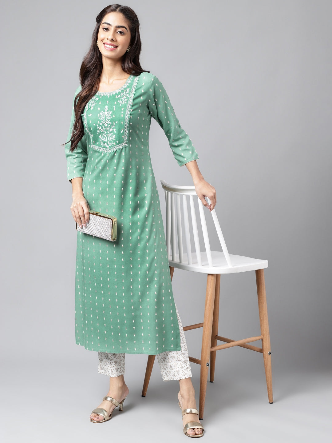 Janasya Women's Green Rayon Yoke Embroidered Straight Casual Kurta Set - Distacart
