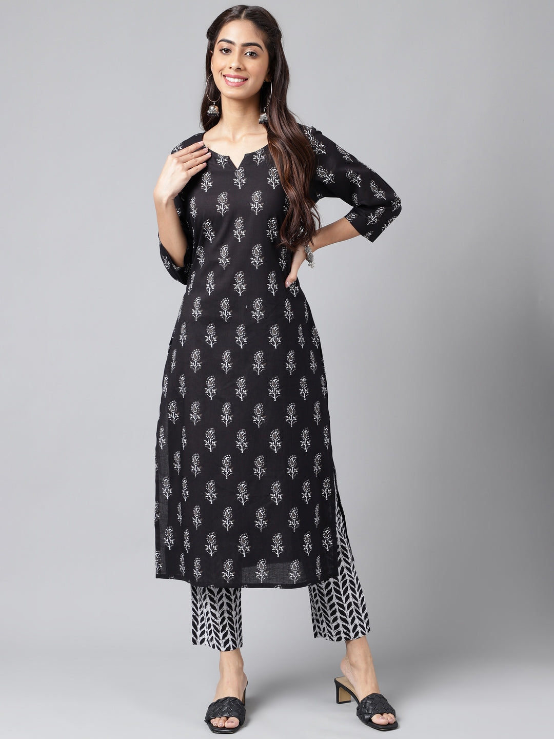 Janasya Women's Black Cotton Paisley Printed Straight Casual Kurta Set - Distacart