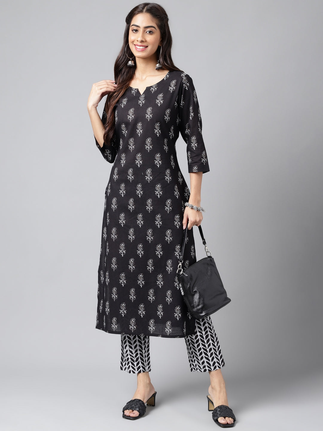 Janasya Women's Black Cotton Paisley Printed Straight Casual Kurta Set - Distacart
