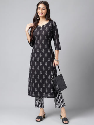 Janasya Women's Black Cotton Paisley Printed Straight Casual Kurta Set - Distacart