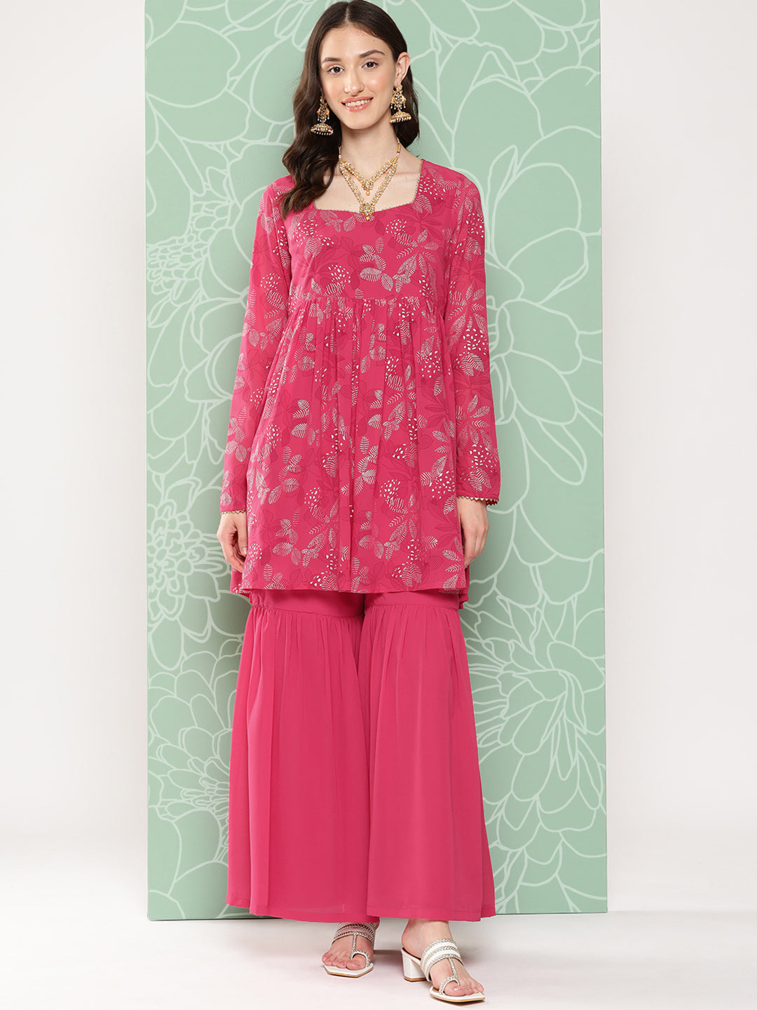 Janasya Women's Pink Georgette Foil Printed Flared Festive Short Kurta Set - Distacart