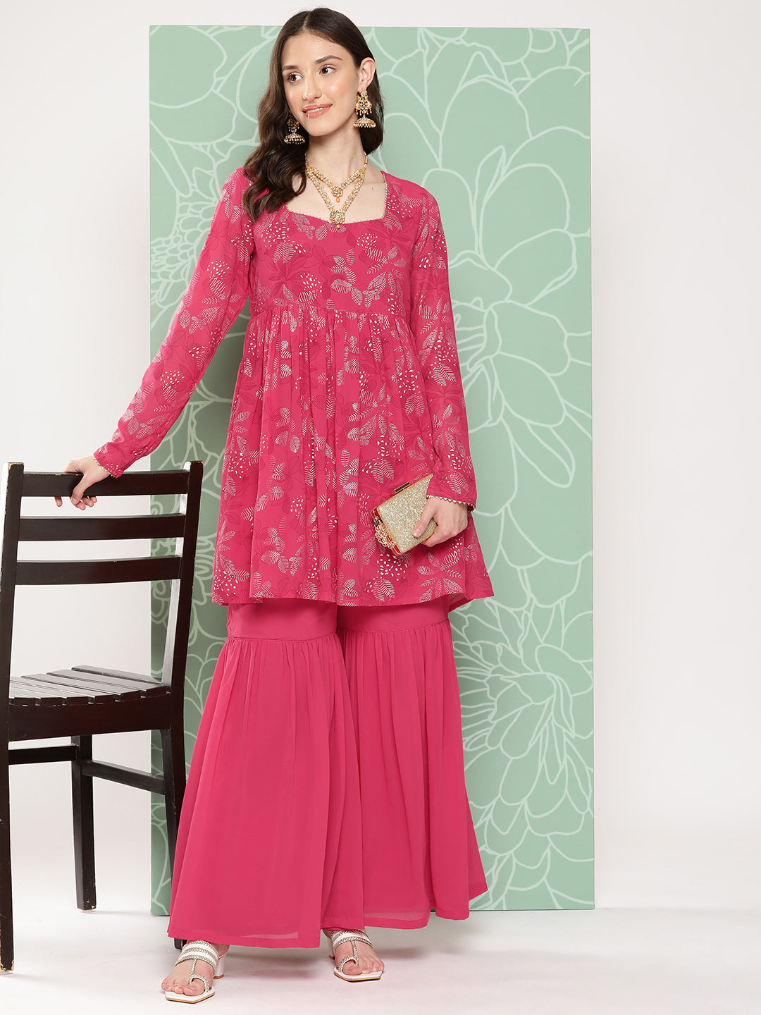 Janasya Women's Pink Georgette Foil Printed Flared Festive Short Kurta Set - Distacart