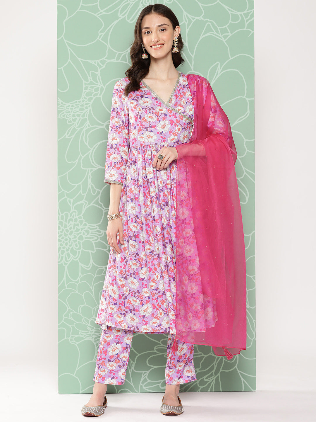 Janasya Women's Lavender Moss Digital Floral Printed Angrakha Festive Kurta Set - Distacart
